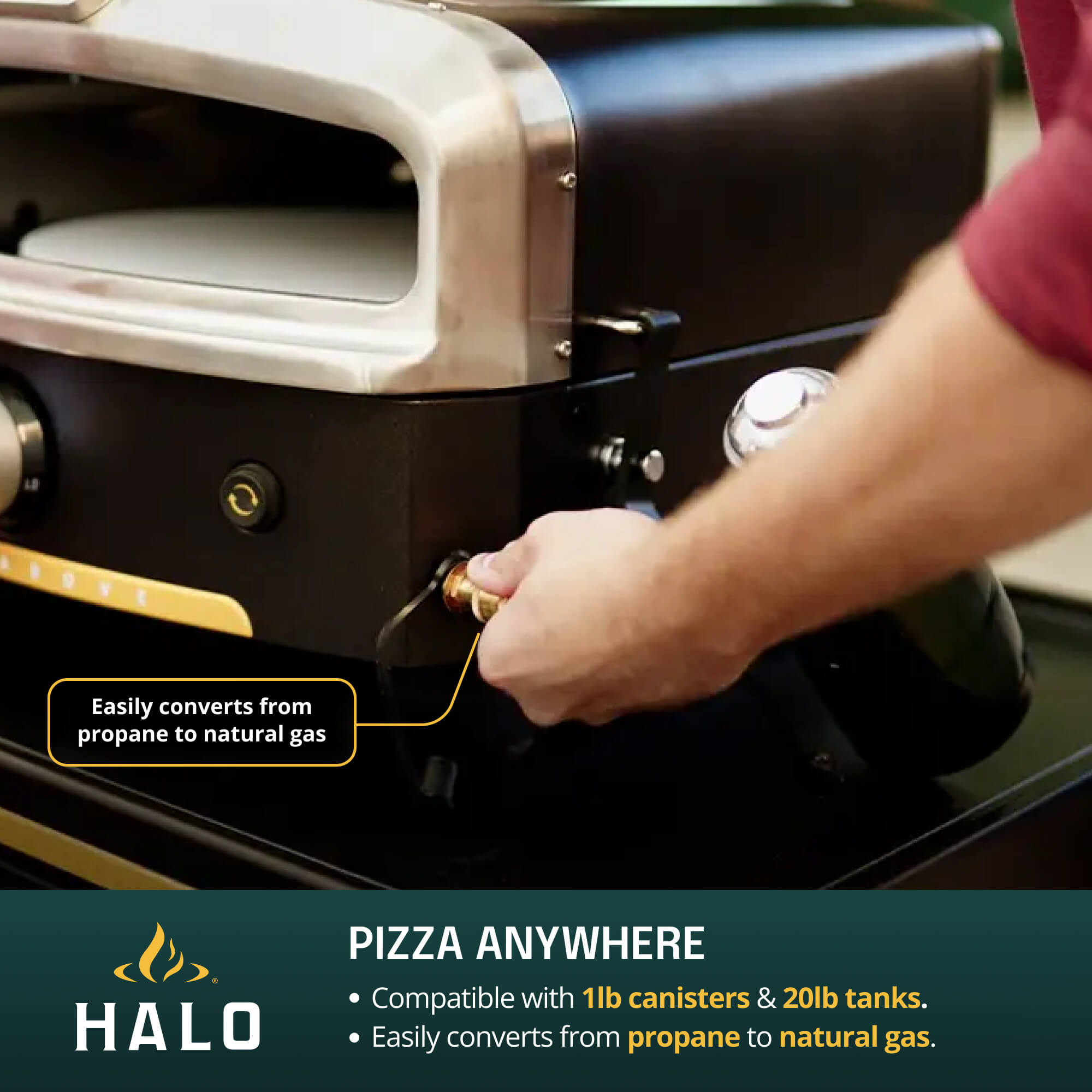 Person using a Halo pizza oven with text highlighting propane canisters and natural gas compatibility.