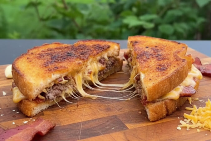 A gourmet Bacon Jam Garlic Patty Melt sliced in half