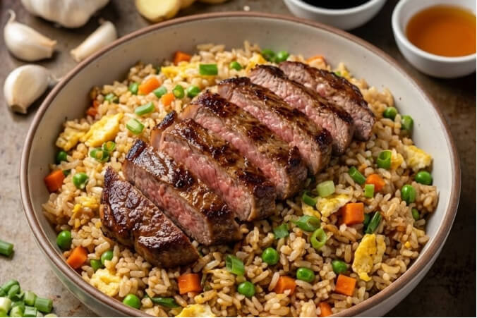 Slices of seared steak piled high on top of a bed of vegetable fried rice