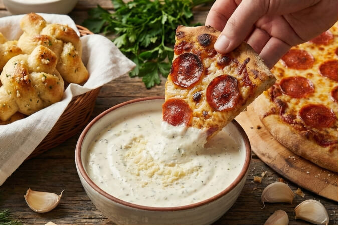 Hand dipping a slice of pepperoni pizza into a bowl of creamy homemade garlic parmesan ranch sauce