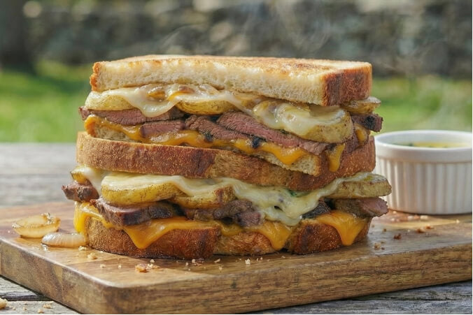 A rustic Double Decker Steak and Potato Melt with garlic butter, featuring layers of seared steak, sliced potatoes, and melted cheese