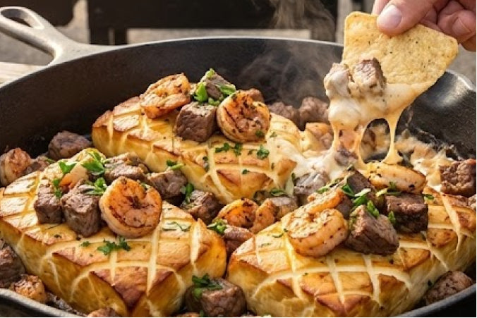 Surf and Turf Smoked Cream Cheese Dip in a cast-iron skillet, featuring seasoned and smoked cream cheese blocks topped with a generous layer of seared steak bites, juicy shrimp, and fresh parsley