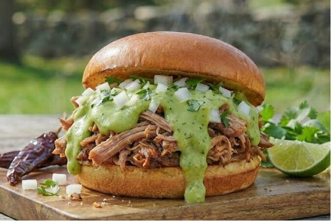 Smoked Al Pastor Pulled Pork sandwich featuring a towering stack of juicy shredded pork shoulder and adobo sauce