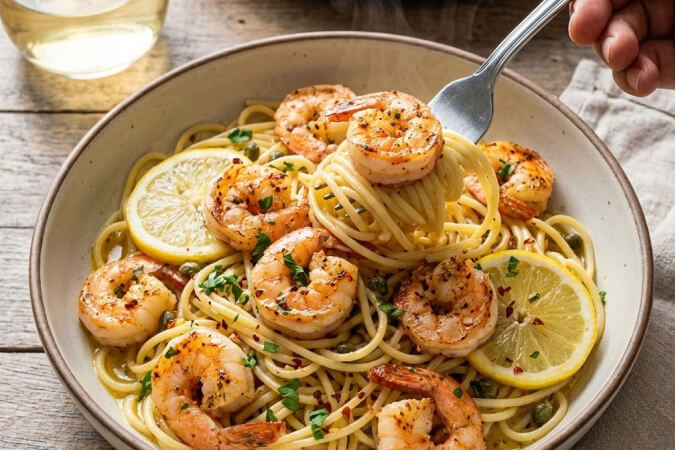 Lemon Butter Shrimp Pasta with seared shrimp and fresh lemon slices on top