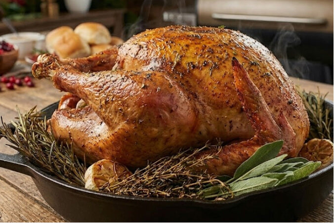 Turkey with crispy, golden-brown skin, resting in a large skillet and garnished with fresh herbs