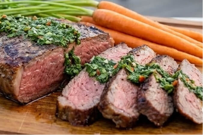 Sliced Smoked Picanha steak topped with vibrant green carrot top chimichurri