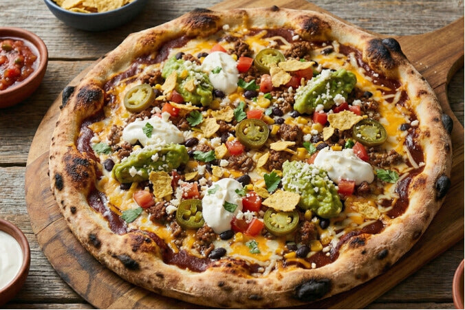 Enchilada pizza topped with seasoned ground beef, melted cheese, fresh jalapeño slices, diced tomatoes, and cilantro