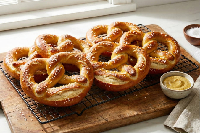 Giant soft pretzels with a glossy, golden-brown crust and a sprinkling of coarse sea salt