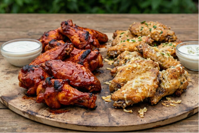 Crispy, golden-brown chicken wings with charred, crispy skin