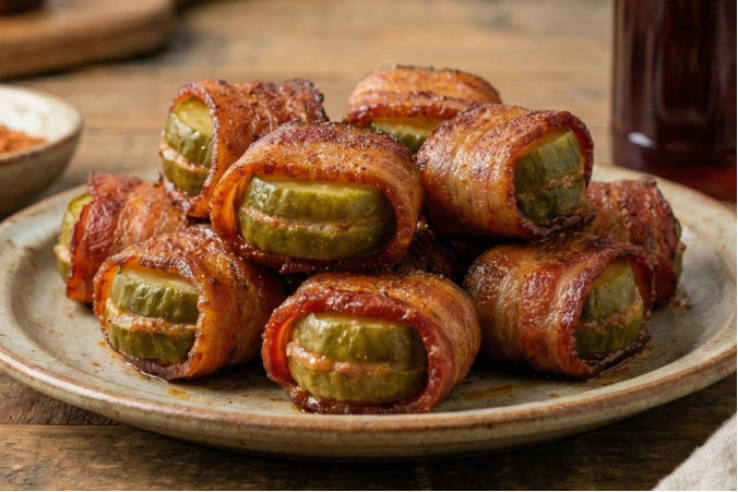 Bacon Wrapped Cheerwine Pickle Bites on a plate, featuring individual flat pickle slices folded inside crispy bacon and sprinkled with BBQ seasoning