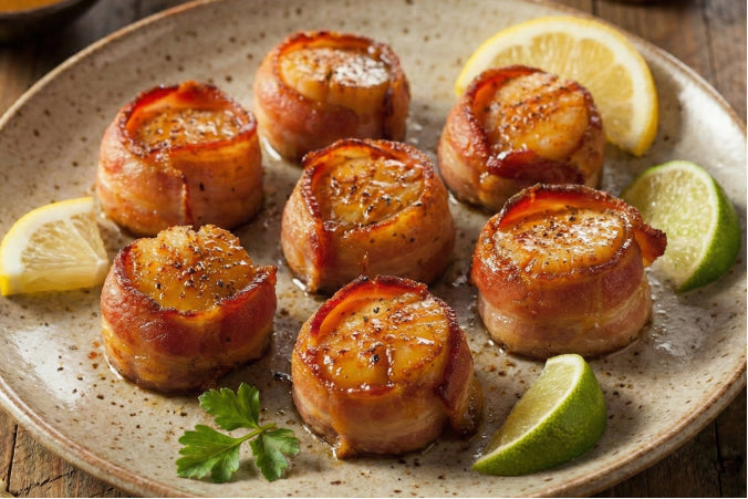 A plate of bacon-wrapped smoked scallops seasoned with Old Bay and Montreal steak seasoning