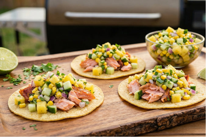 Smoked salmon tacos on soft corn tortillas, topped with a vibrant pineapple corn salsa