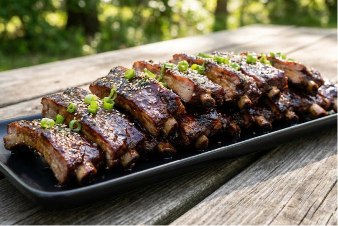 A plate piled with sticky, sweet glazed pork ribs, garnished with sesame seeds and chopped green onions