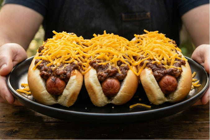 Toasted footlong buns stuffed with smoked hot dogs, smothered in a beef chili sauce and a thick layer of shredded cheese