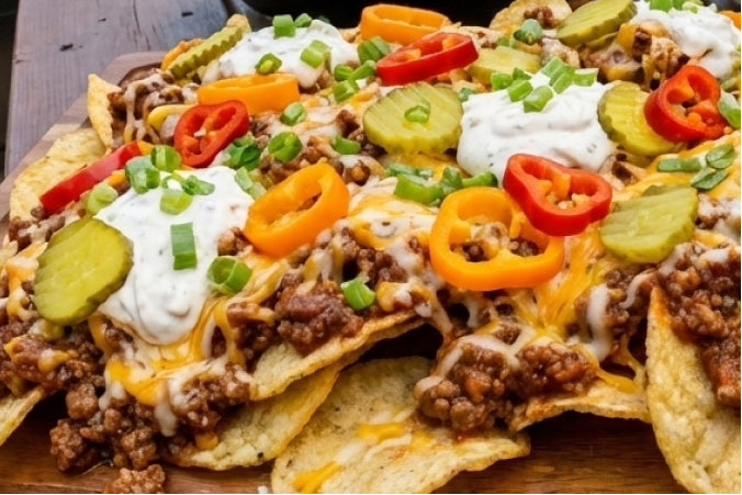 Thick kettle chips are topped with savory ground beef, melted cheese, sliced pickles, and orange peppers