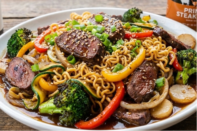 Stir Fry featuring seared venison steak strips piled over ramen noodles and a medley of charred vegetables