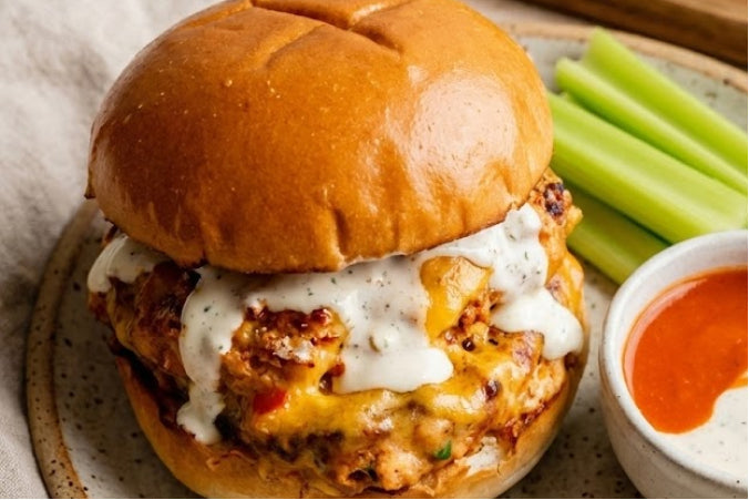 Chicken smash burger topped with melted cheddar cheese and ranch dressing