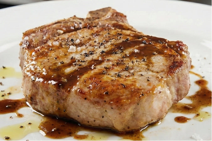 Juicy, golden-brown boneless pork chop with deep char marks from a pizza oven