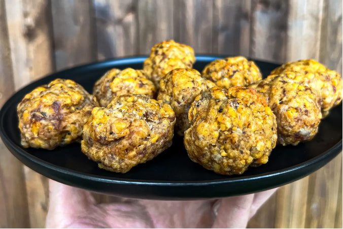 golden-brown Breakfast Sausage Balls, featuring a savory blend of hot sausage, shredded cheddar cheese, onion powder, and parsley