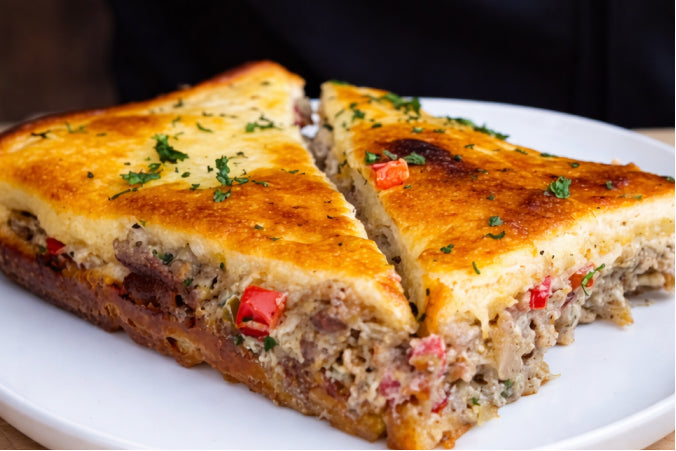 Golden-brown breakfast casserole sliced into two wedges, showing sausage, peppers, and cheese layers