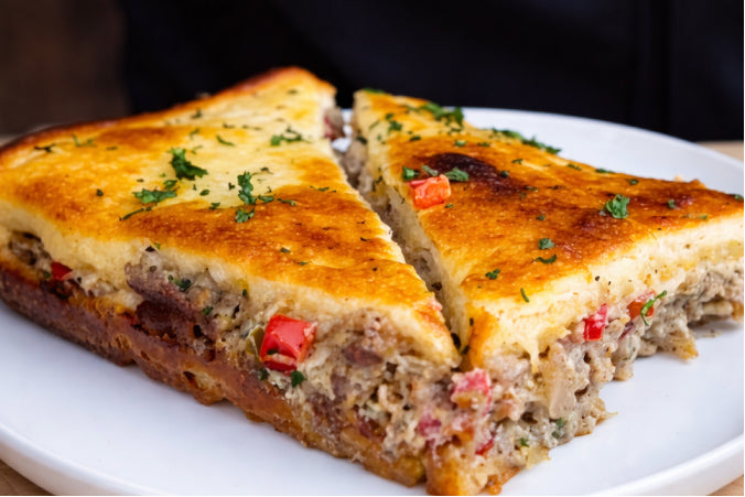 Golden-brown breakfast casserole sliced into two wedges, showing sausage, peppers, and cheese layers