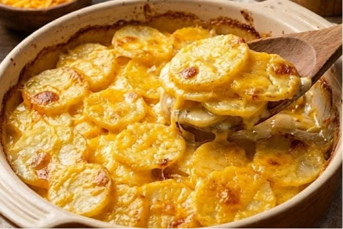 A rustic baking dish of golden-brown, bubbly cheesy sliced potatoes