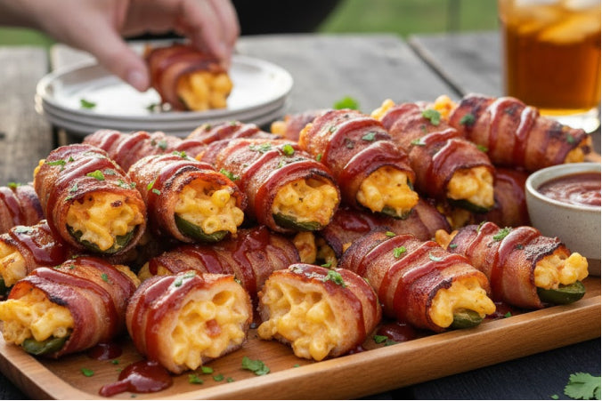 Bacon-wrapped jalapeño poppers stuffed with mac and cheese and drizzled with barbecue sauce