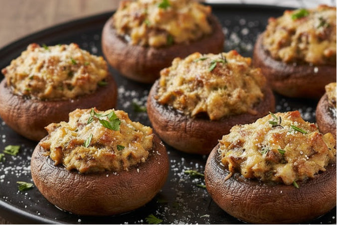 Baked portobello mushrooms overflowing with a chunky sausage and cream cheese filling