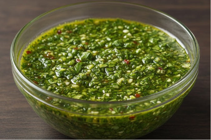 Chimichurri sauce featuring visible bits of chopped cilantro, parsley, and garlic