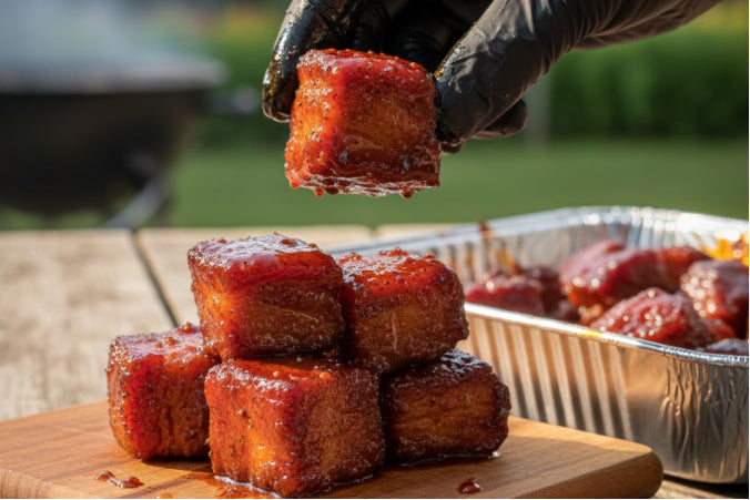 Glazed pork belly burnt ends, showing the caramelized edges and tender meat texture