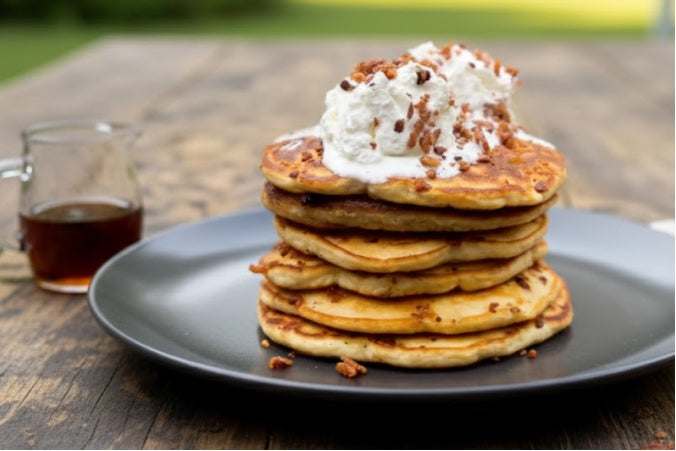 tall stack of fluffy golden-brown pancakes on a white plate, topped with a melting pat of butter and drizzled with maple syrup