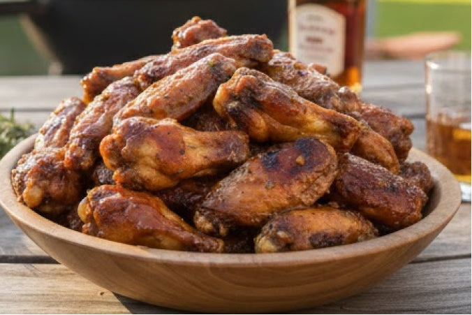 A pile of wings grilled and tossed a rich maple bourbon glaze