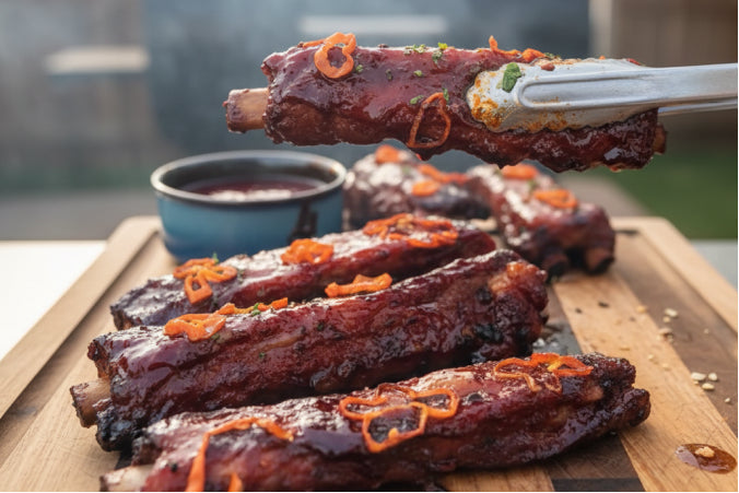wide-angle shot of a rack of smoked spare ribs coated in a thick, glossy raspberry-habanero glaze and garnished with fresh habanero slices