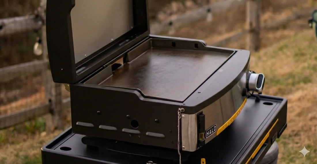 A HALO elite griddle prepped to cook outdoors.