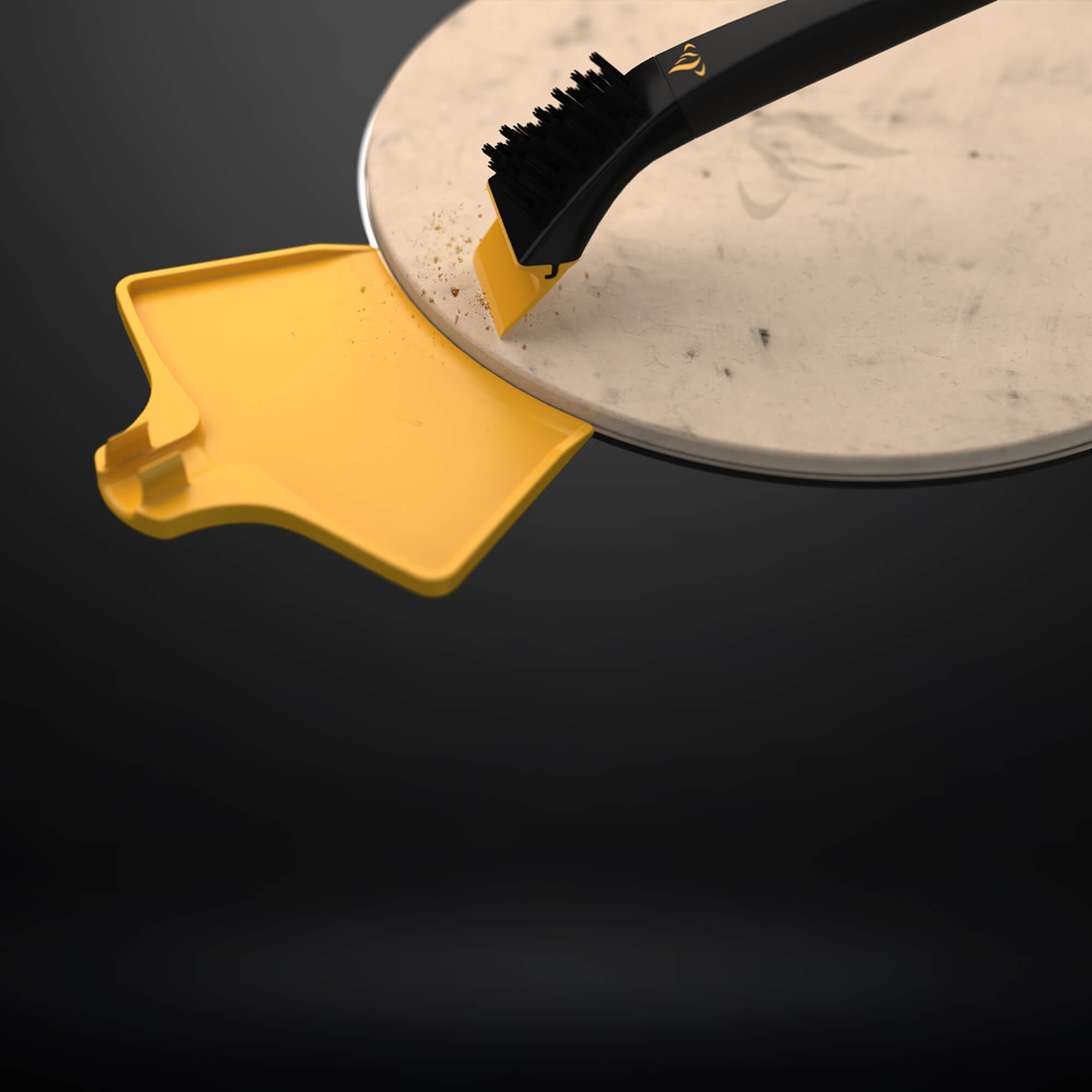 Using the removable scraper tip of a HALO brush to remove stubborn debris from a pizza stone.