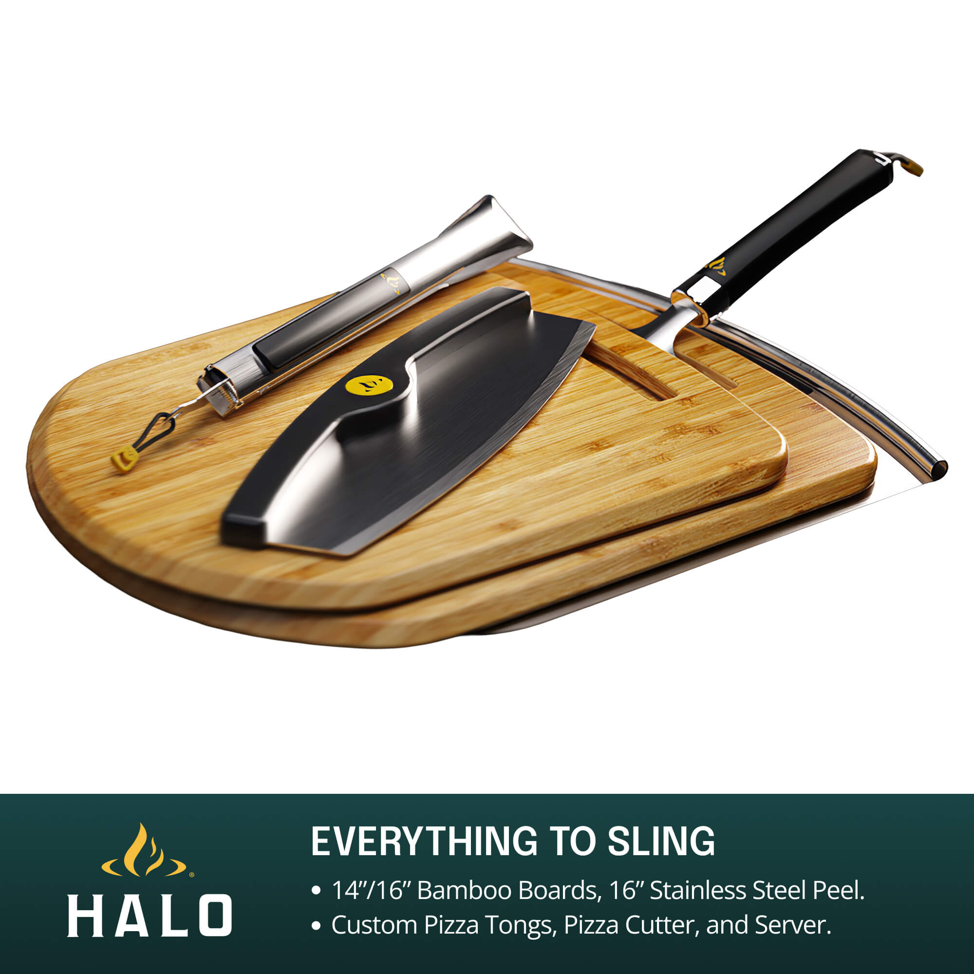 7-piece HALO pizza tool kit on a black background, featuring two bamboo peels, one stainless steel peel, a mezzaluna cutter, tongs, and a pizza server