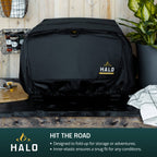 Infographic of the HALO Versa 16 Pizza Oven Cover featuring callouts for its compact fold-up design