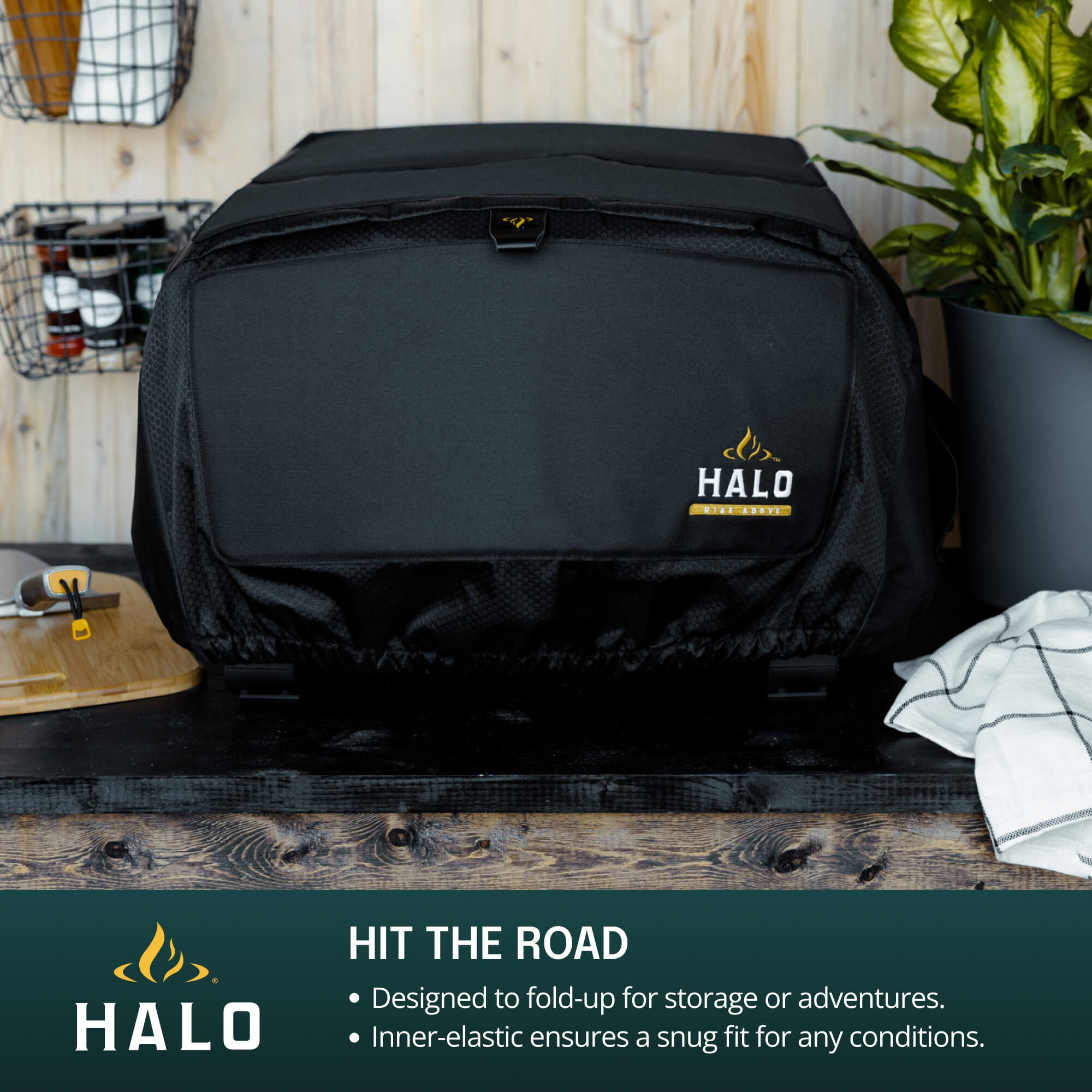 Infographic of the HALO Versa 16 Pizza Oven Cover featuring callouts for its compact fold-up design