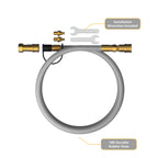 10ft durable rubber hose with brass connectors and installation wrenches on a white background