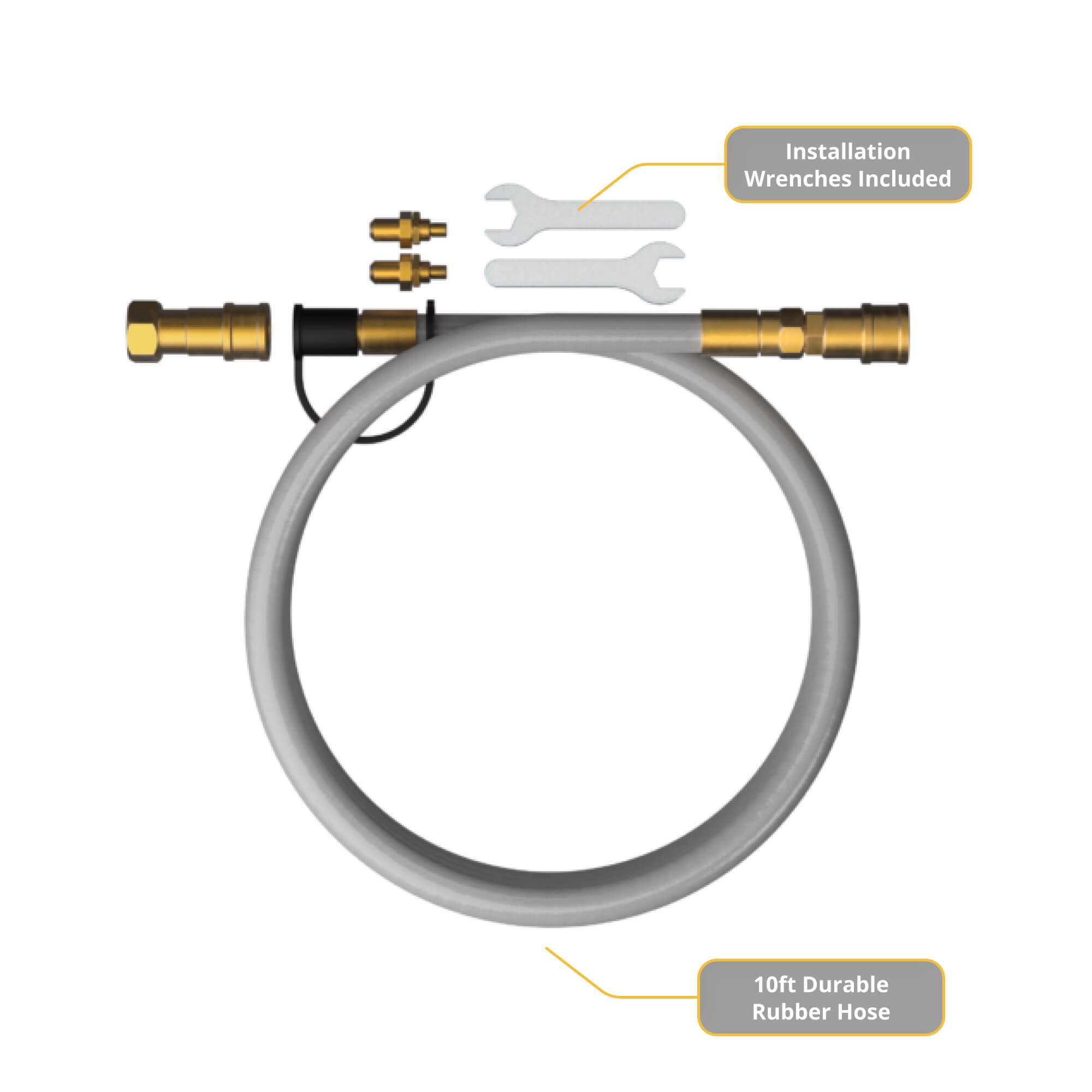 10ft durable rubber hose with brass connectors and installation wrenches on a white background