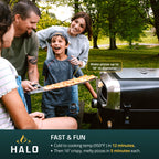 Family enjoying pizza made in a Halo pizza oven in a park setting