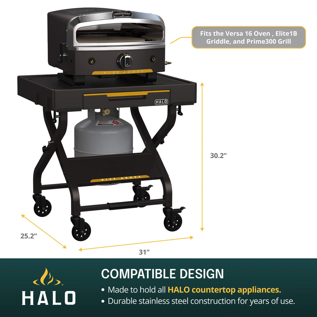 HALO countertop appliance stand with dimensions and compatibility details on a white background