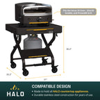 HALO countertop appliance stand with dimensions and compatibility details on a white background