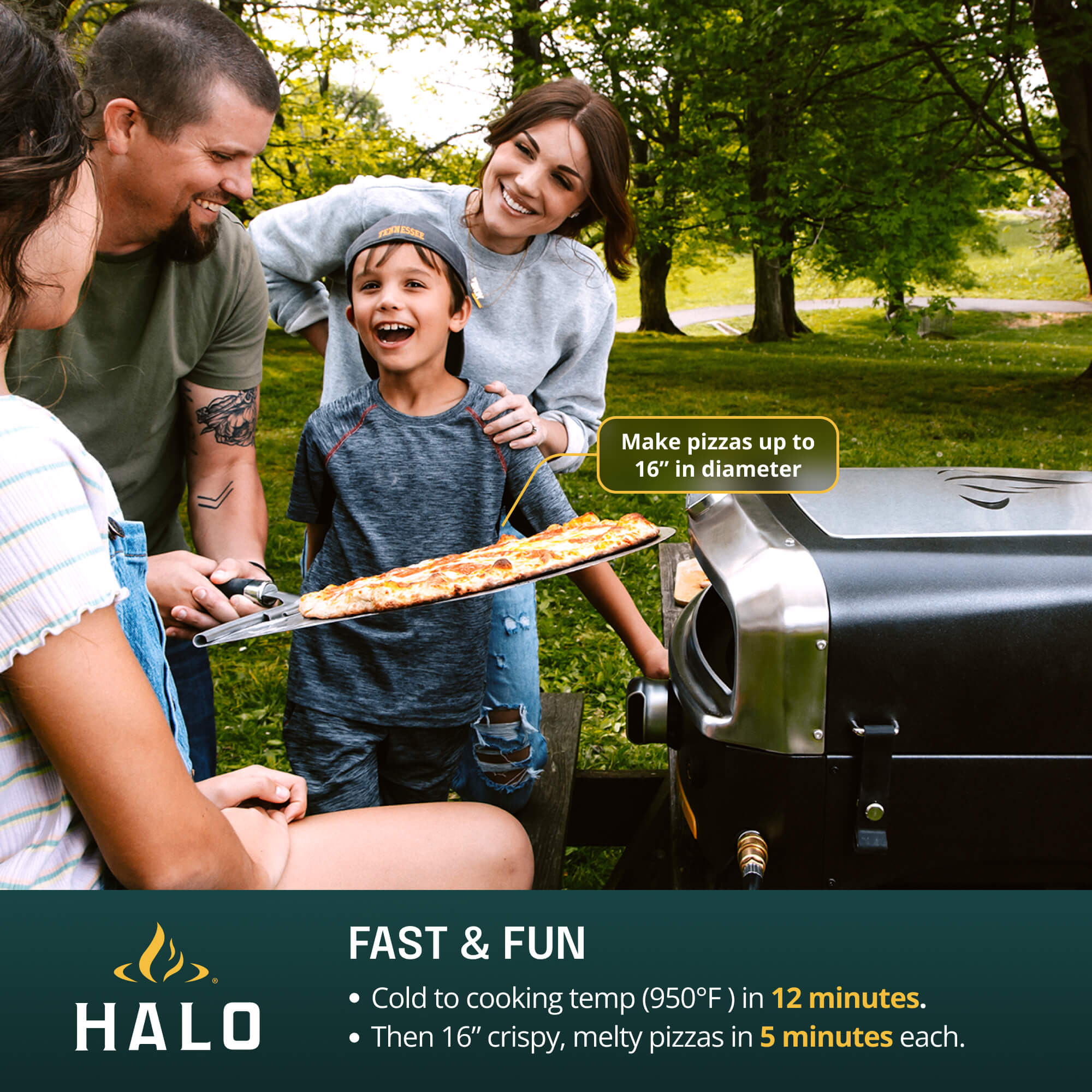 Lifestyle shot of the HALO Versa 16 pizza oven highlighting its ability to bake 16-inch diameter pizzas in just 5 minutes.