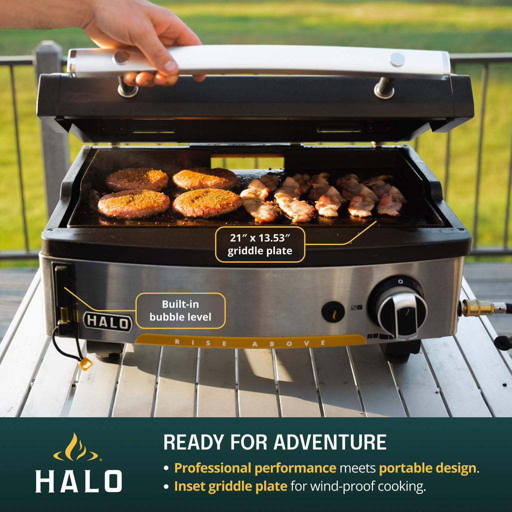 Portable HALO Elite 1B griddle showing the built-in level and inset plate for outdoor cooking