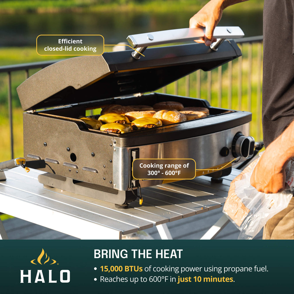 A person cooking on the HALO Elite 1B tabletop griddle highlighting its 15,000 BTU propane-powered heat.