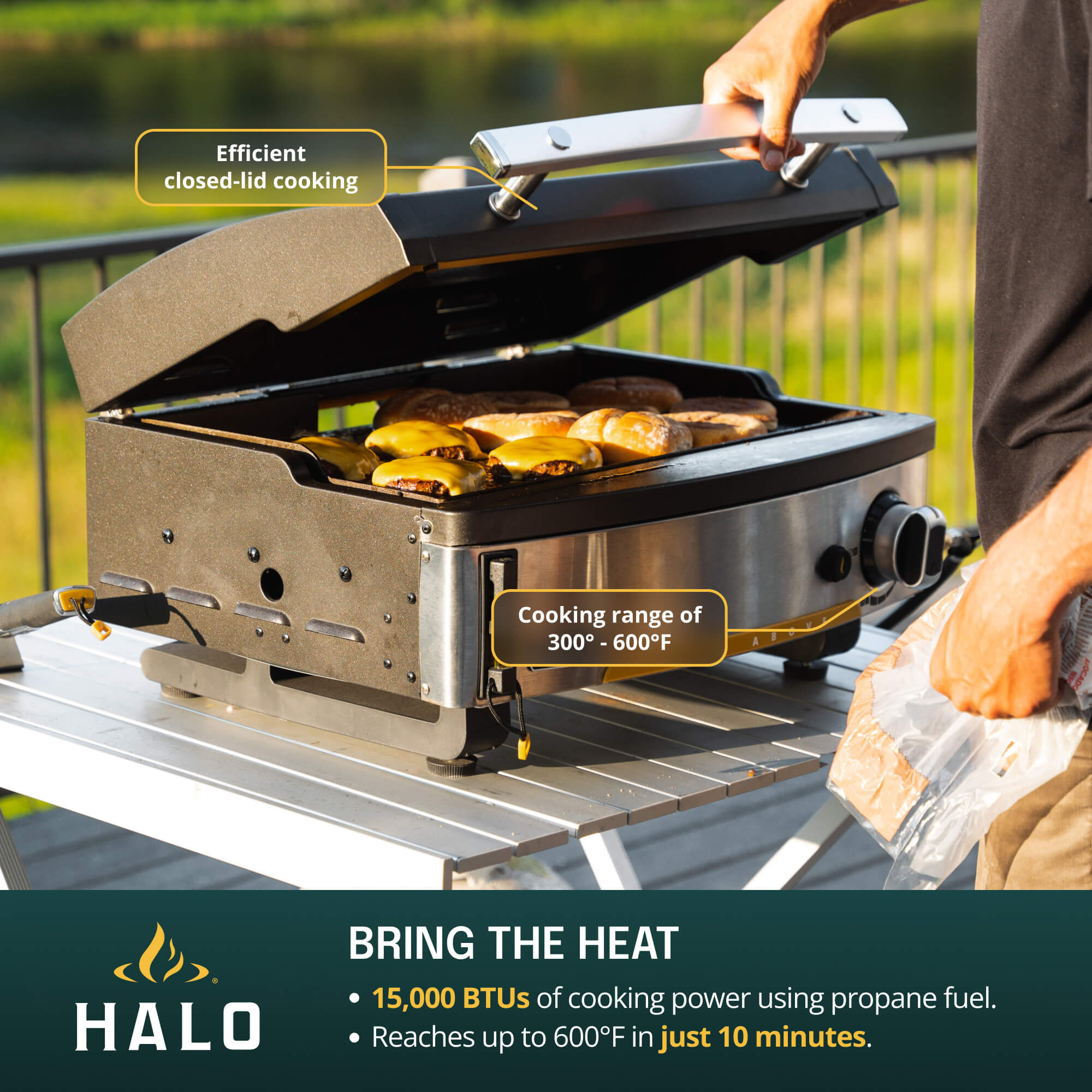 A person cooking on the HALO Elite 1B tabletop griddle highlighting its 15,000 BTU propane-powered heat.
