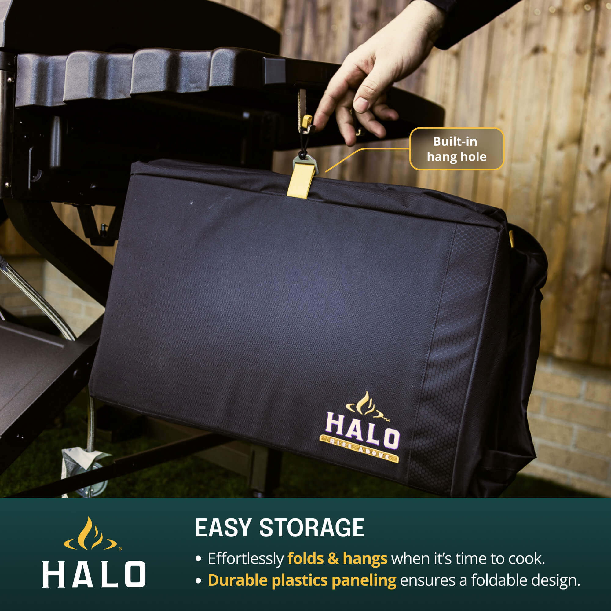 HALO grill cover folded flat with durable paneling for easy hanging.