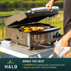 Closing the lid on a HALO grill to melt cheese on burgers and toast buns.