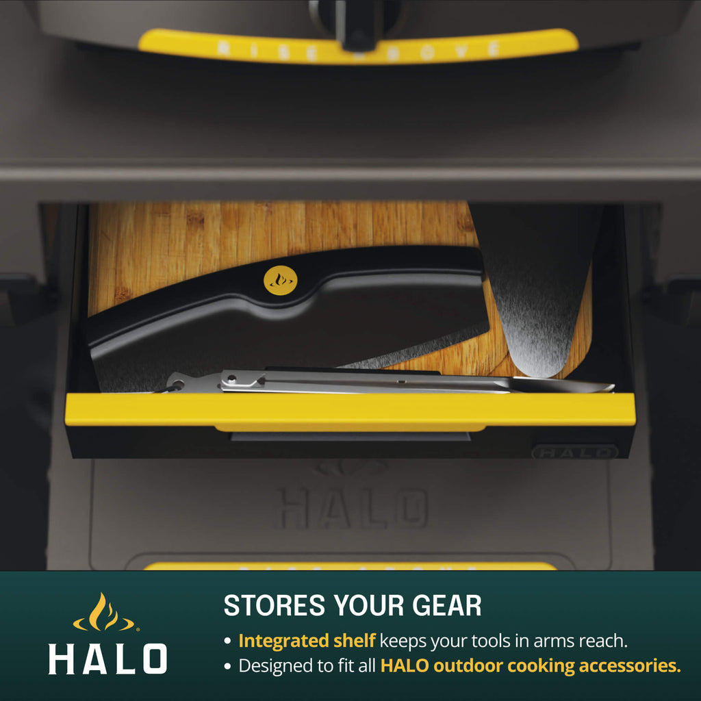 A product image of the HALO cart with feature labels highlighting the specialized gear storage
